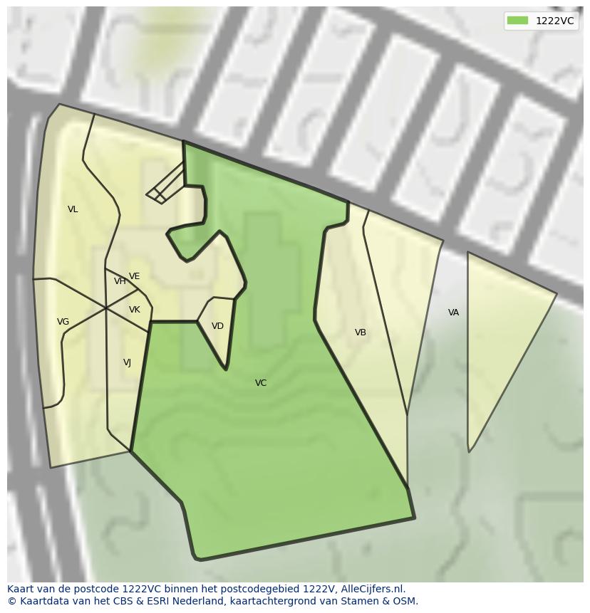 Afbeelding van het postcodegebied 1222 VC op de kaart.