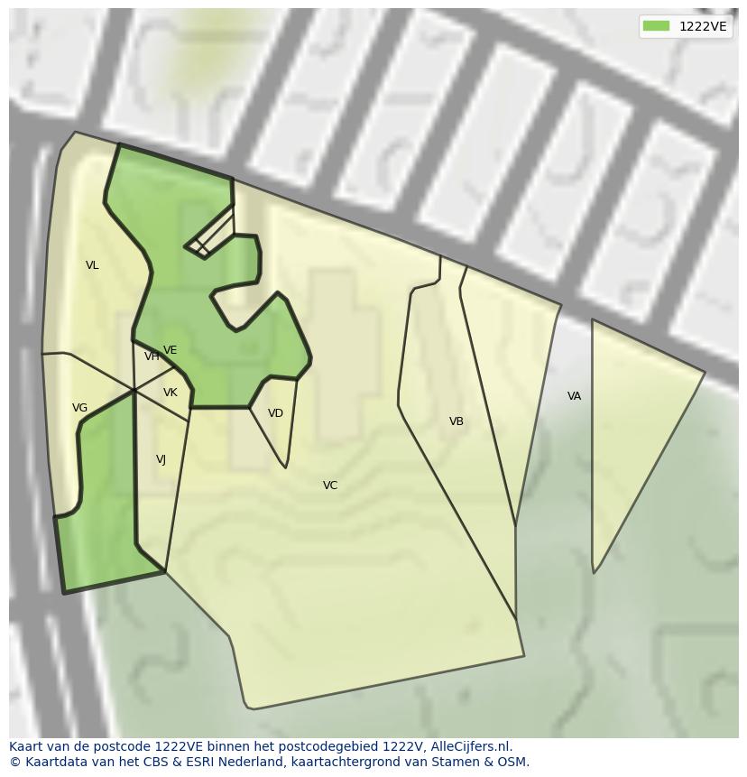 Afbeelding van het postcodegebied 1222 VE op de kaart.