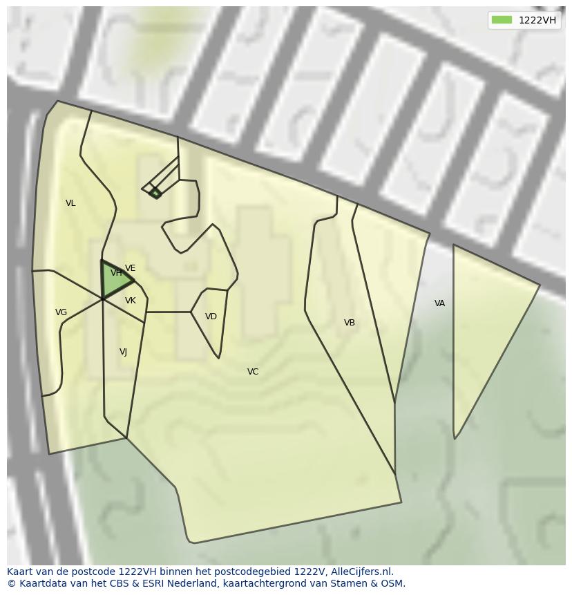 Afbeelding van het postcodegebied 1222 VH op de kaart.