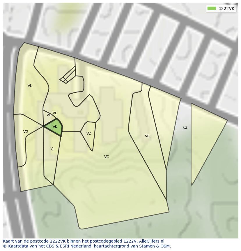 Afbeelding van het postcodegebied 1222 VK op de kaart.