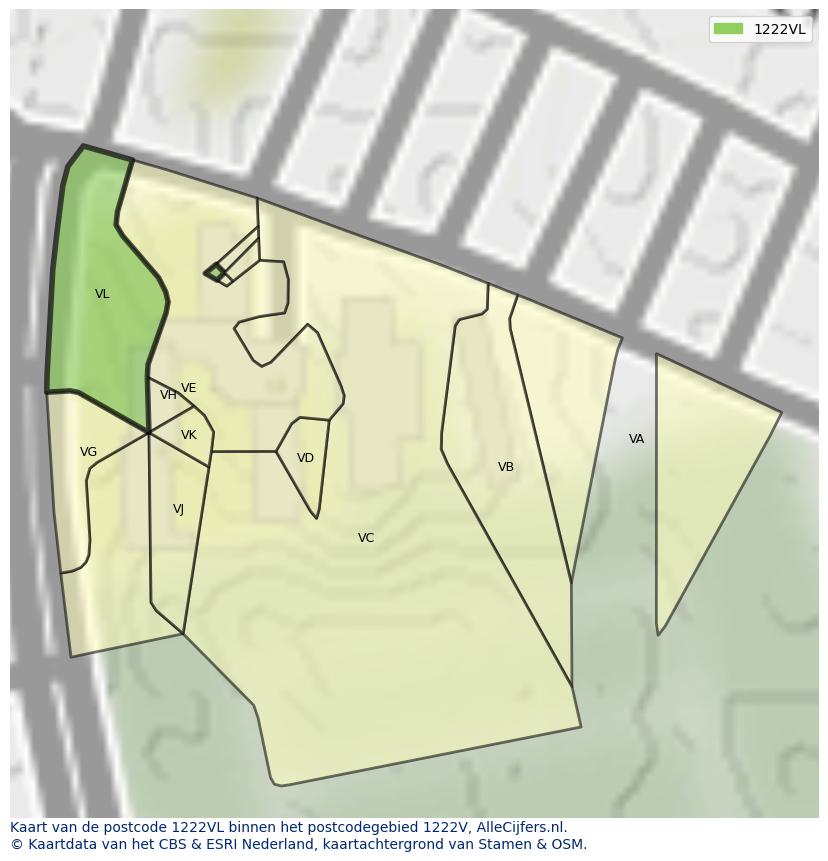 Afbeelding van het postcodegebied 1222 VL op de kaart.