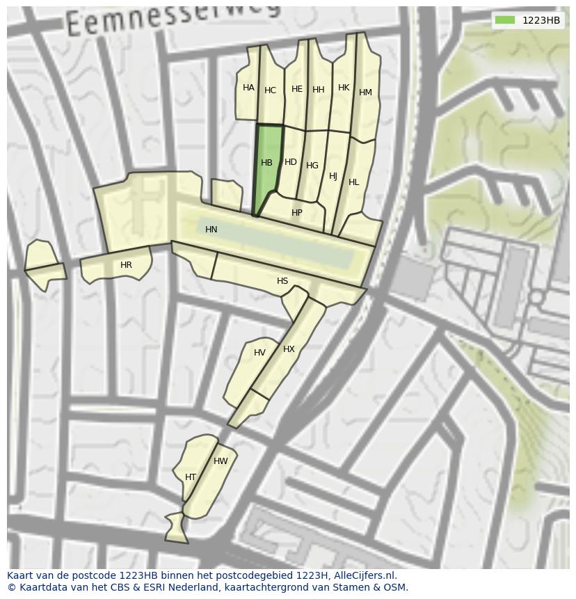 Afbeelding van het postcodegebied 1223 HB op de kaart.