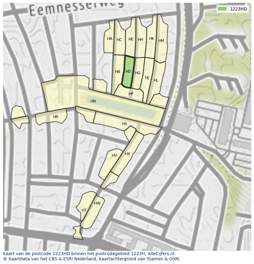 Afbeelding van het postcodegebied 1223 HD op de kaart.