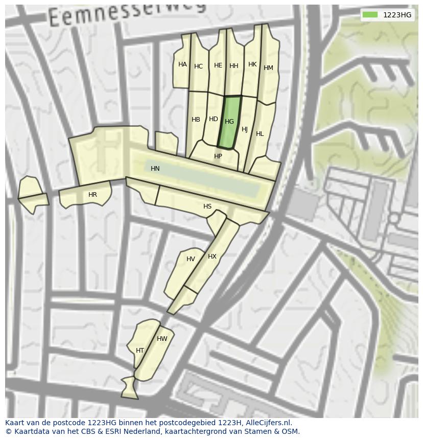 Afbeelding van het postcodegebied 1223 HG op de kaart.