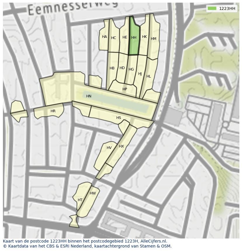 Afbeelding van het postcodegebied 1223 HH op de kaart.