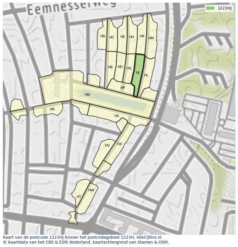 Afbeelding van het postcodegebied 1223 HJ op de kaart.