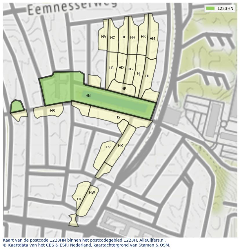 Afbeelding van het postcodegebied 1223 HN op de kaart.