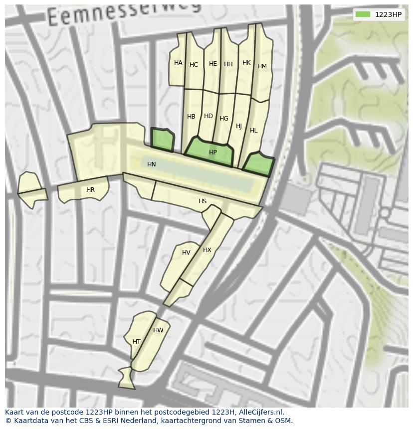 Afbeelding van het postcodegebied 1223 HP op de kaart.