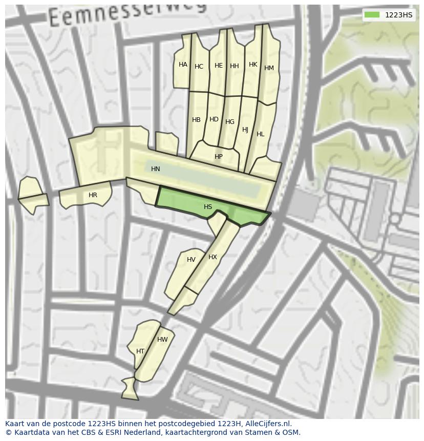 Afbeelding van het postcodegebied 1223 HS op de kaart.