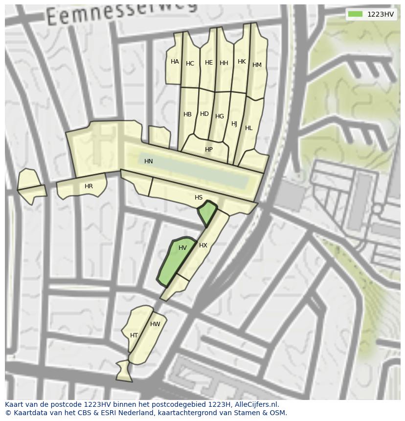 Afbeelding van het postcodegebied 1223 HV op de kaart.