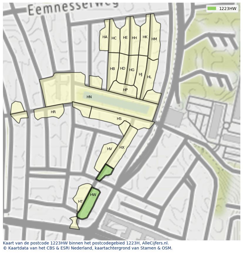 Afbeelding van het postcodegebied 1223 HW op de kaart.