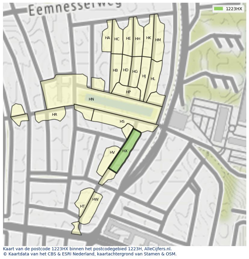 Afbeelding van het postcodegebied 1223 HX op de kaart.