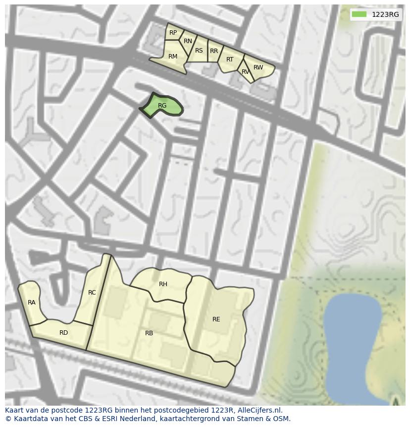 Afbeelding van het postcodegebied 1223 RG op de kaart.