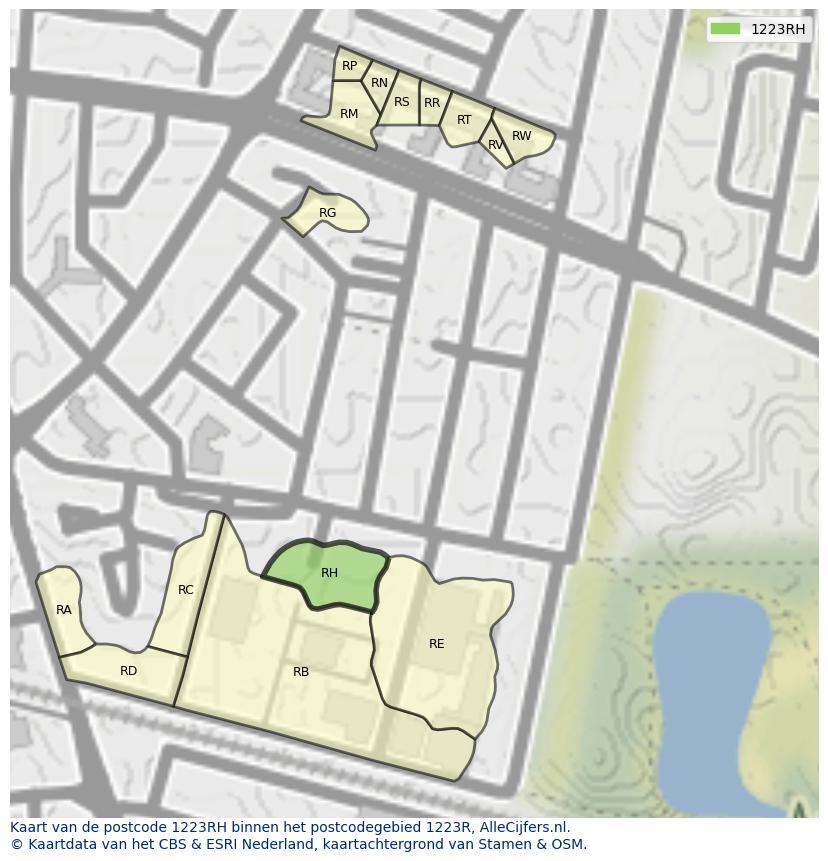 Afbeelding van het postcodegebied 1223 RH op de kaart.