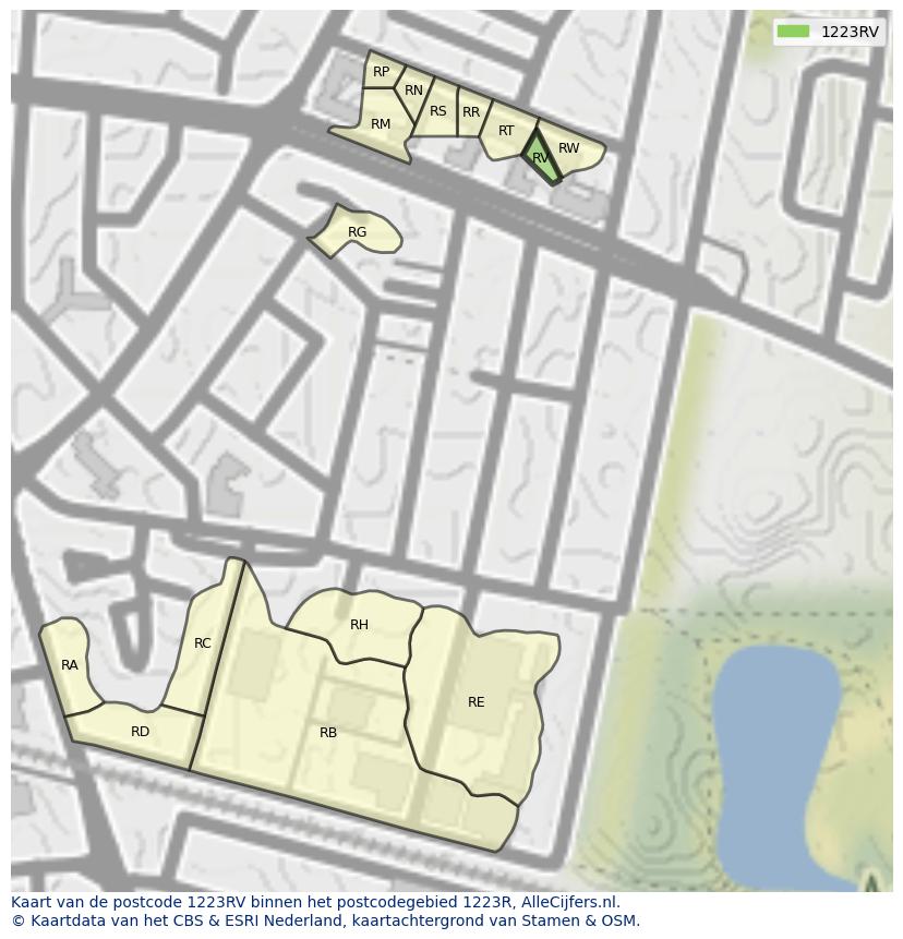 Afbeelding van het postcodegebied 1223 RV op de kaart.