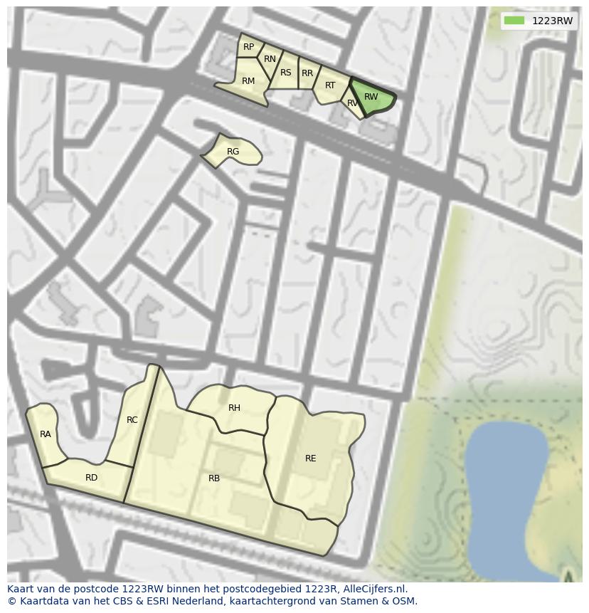 Afbeelding van het postcodegebied 1223 RW op de kaart.