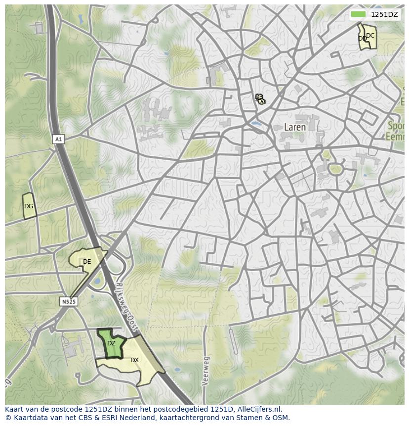 Afbeelding van het postcodegebied 1251 DZ op de kaart.