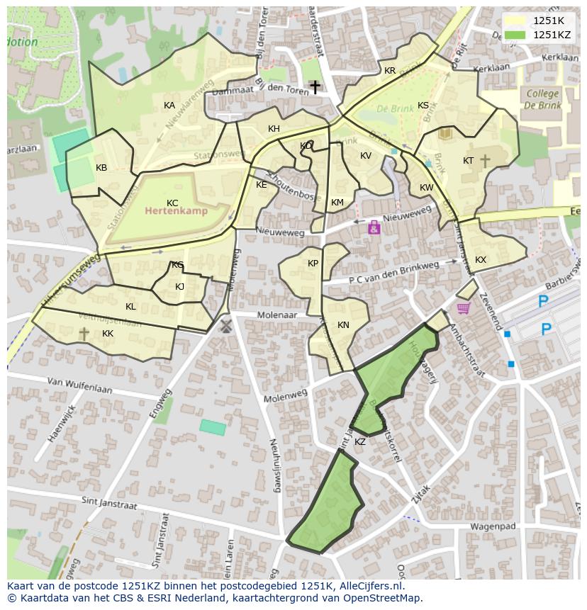 Afbeelding van het postcodegebied 1251 KZ op de kaart.