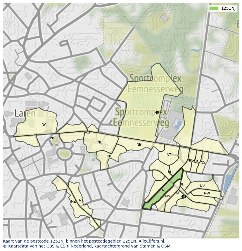 Afbeelding van het postcodegebied 1251 NJ op de kaart.