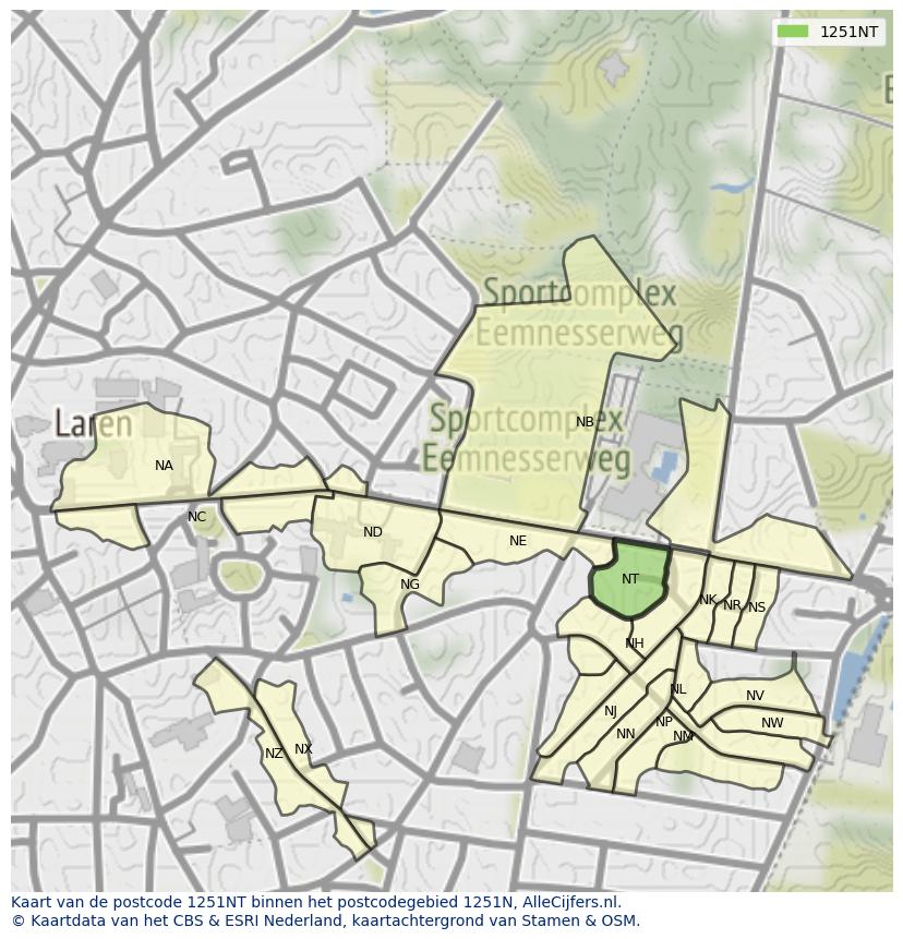 Afbeelding van het postcodegebied 1251 NT op de kaart.