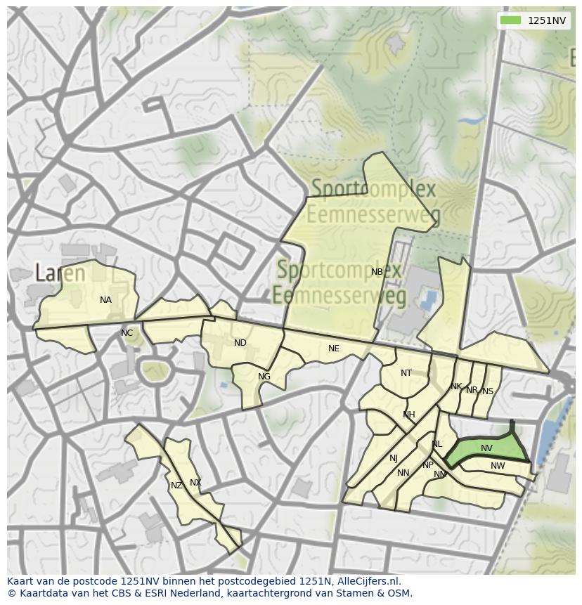 Afbeelding van het postcodegebied 1251 NV op de kaart.