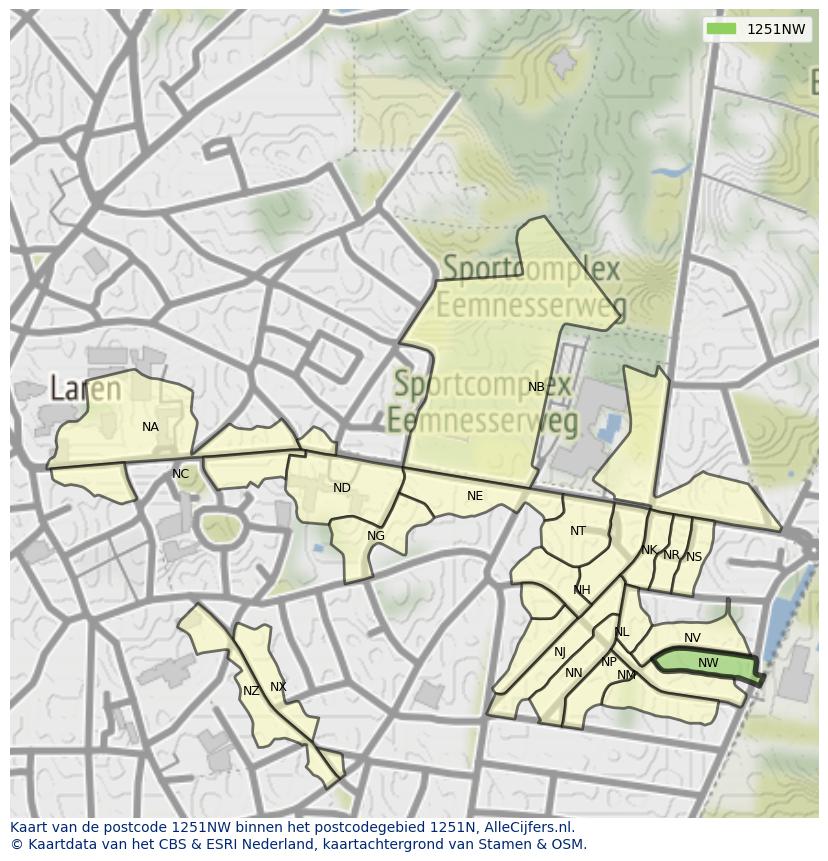 Afbeelding van het postcodegebied 1251 NW op de kaart.