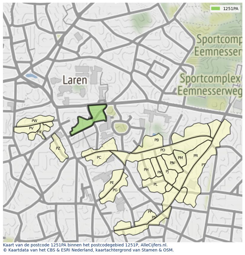Afbeelding van het postcodegebied 1251 PA op de kaart.