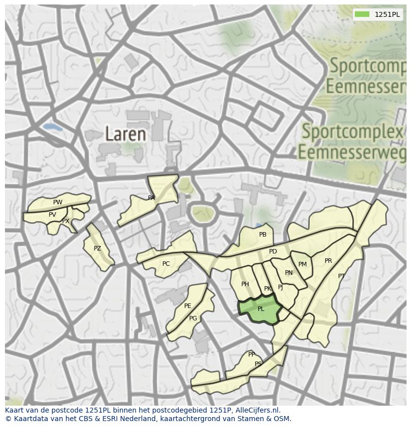 Afbeelding van het postcodegebied 1251 PL op de kaart.
