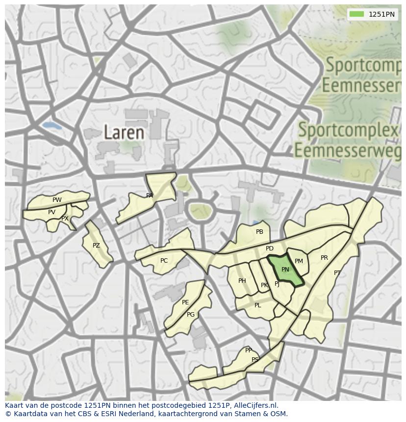 Afbeelding van het postcodegebied 1251 PN op de kaart.