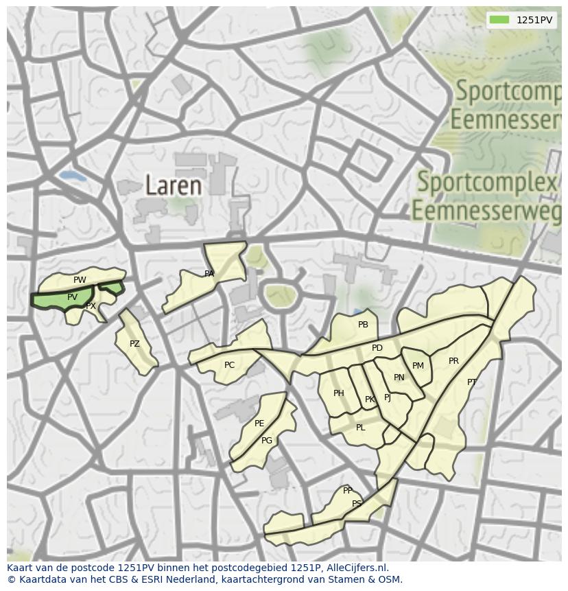 Afbeelding van het postcodegebied 1251 PV op de kaart.