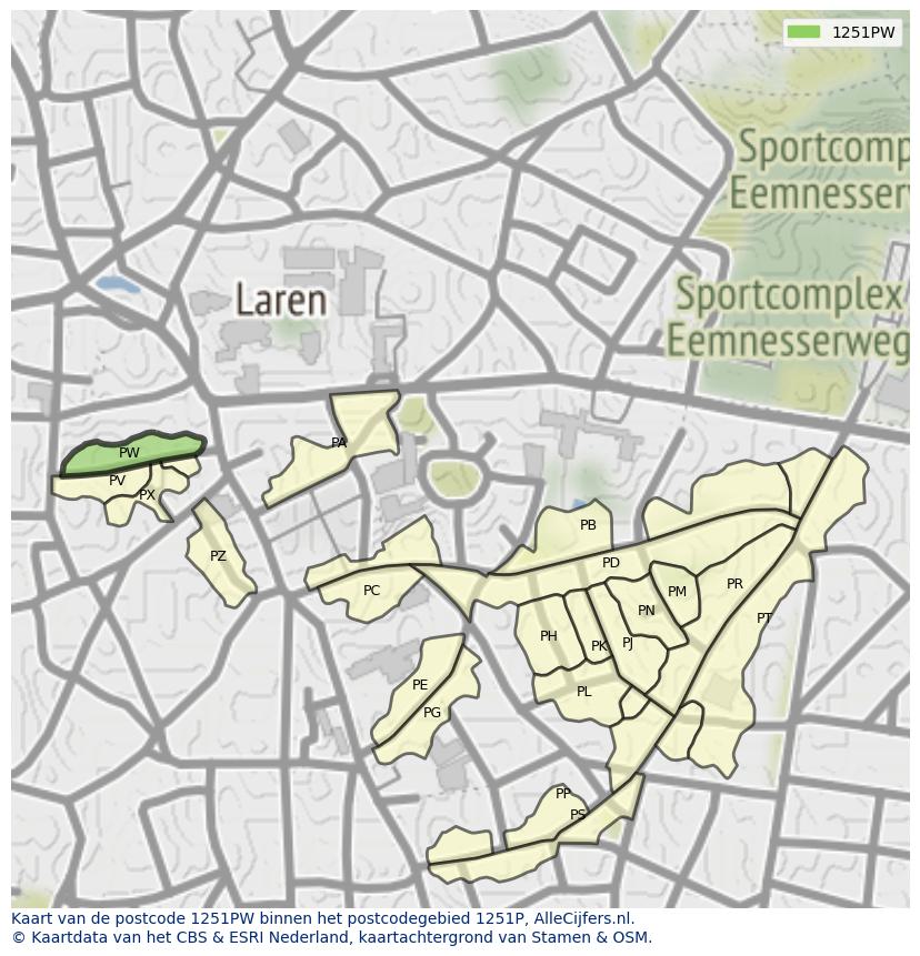Afbeelding van het postcodegebied 1251 PW op de kaart.