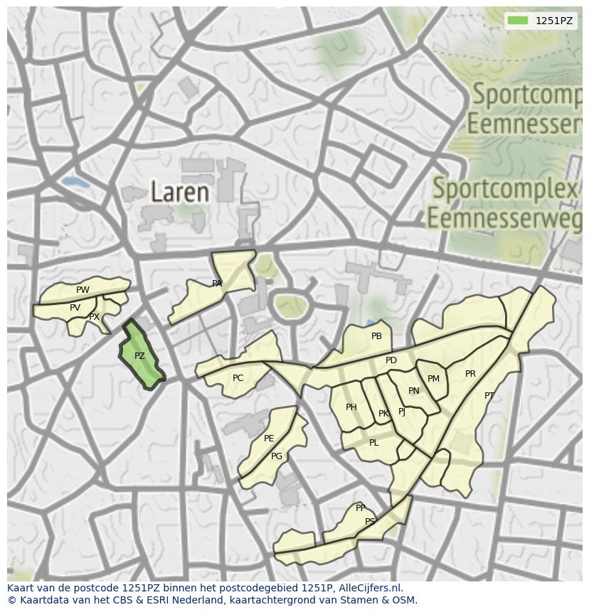 Afbeelding van het postcodegebied 1251 PZ op de kaart.