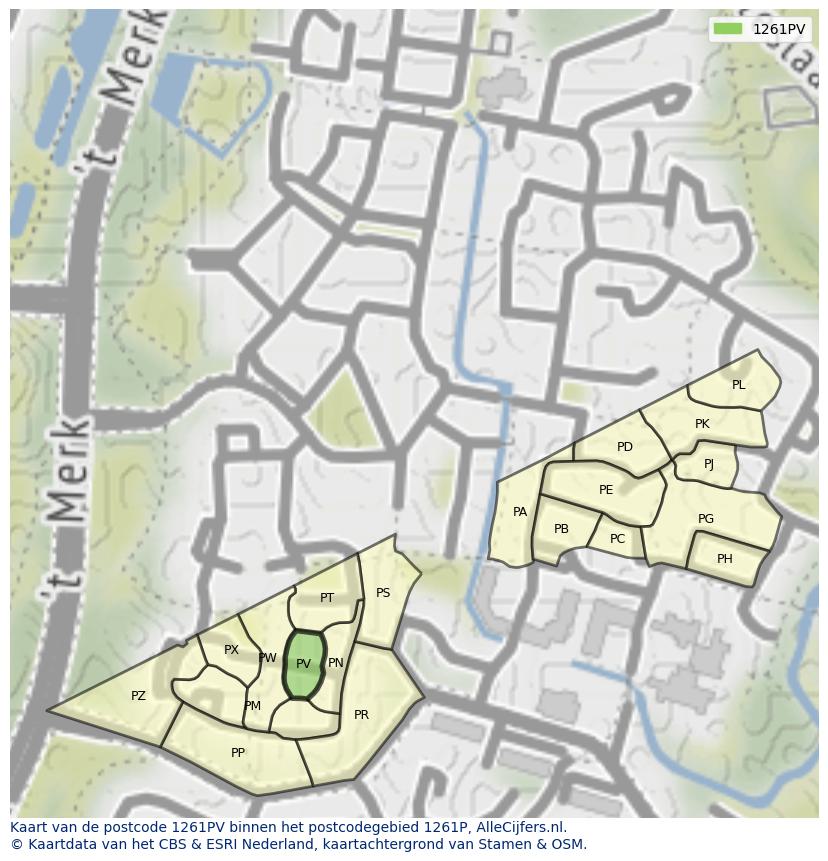 Afbeelding van het postcodegebied 1261 PV op de kaart.