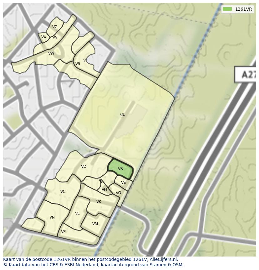 Afbeelding van het postcodegebied 1261 VR op de kaart.