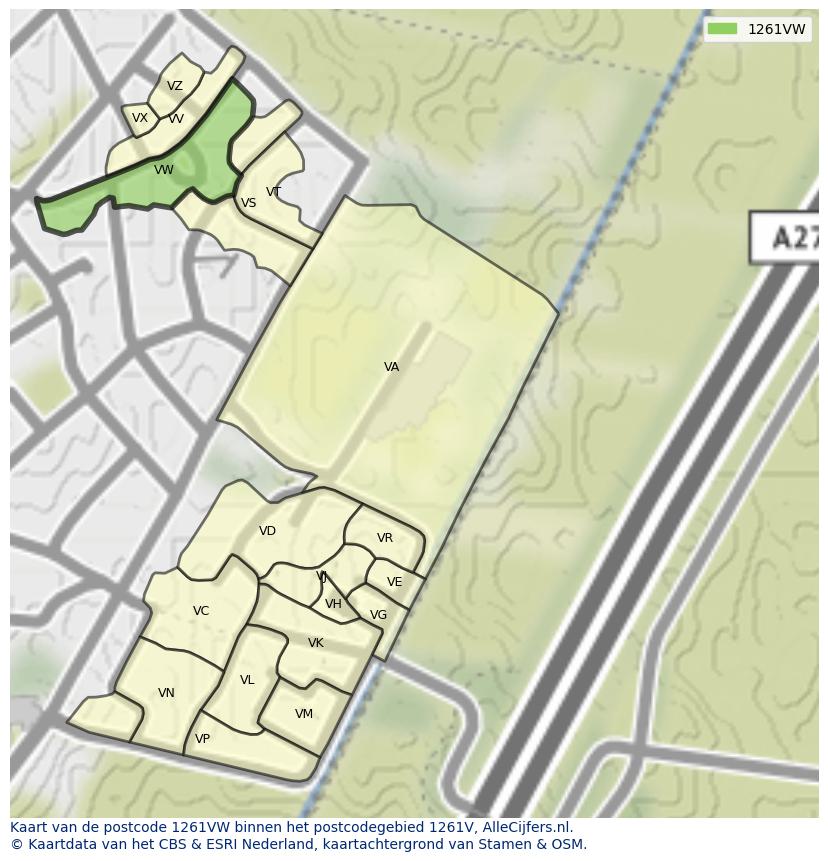 Afbeelding van het postcodegebied 1261 VW op de kaart.