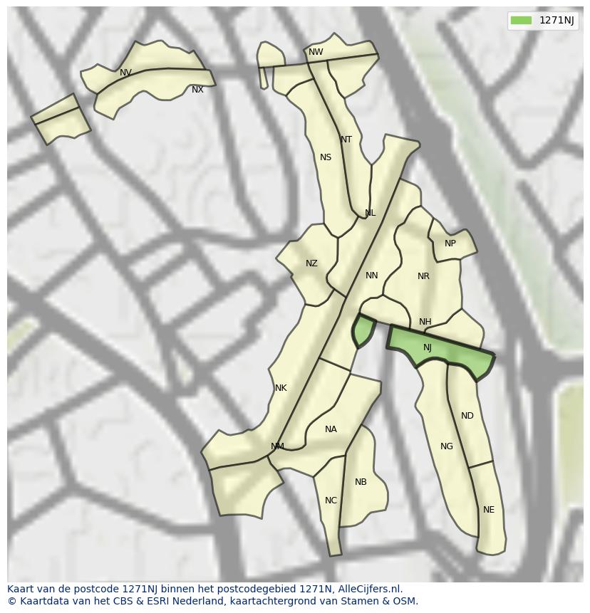 Afbeelding van het postcodegebied 1271 NJ op de kaart.