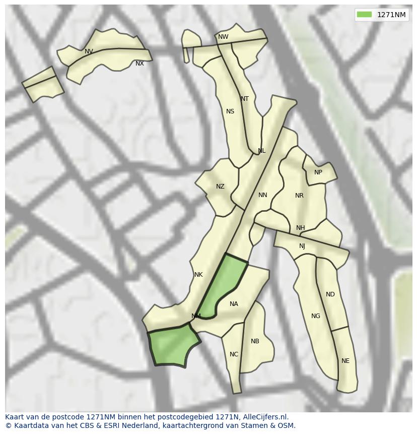 Afbeelding van het postcodegebied 1271 NM op de kaart.