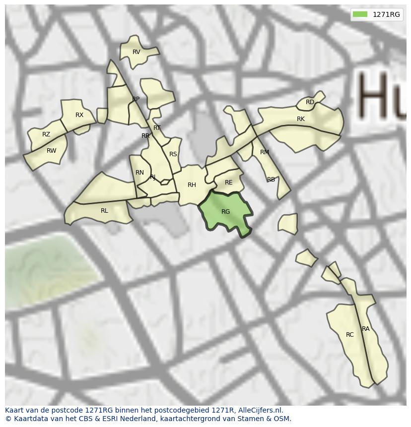Afbeelding van het postcodegebied 1271 RG op de kaart.