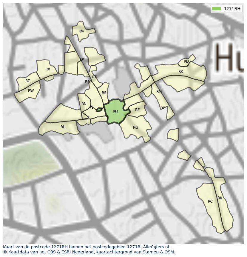 Afbeelding van het postcodegebied 1271 RH op de kaart.