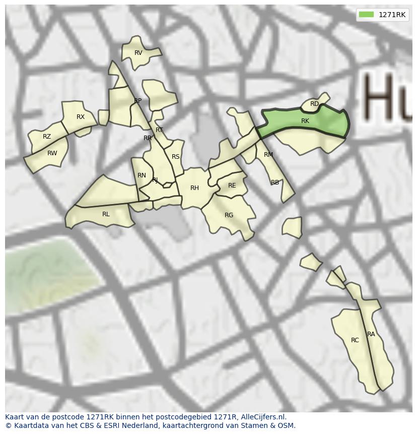Afbeelding van het postcodegebied 1271 RK op de kaart.