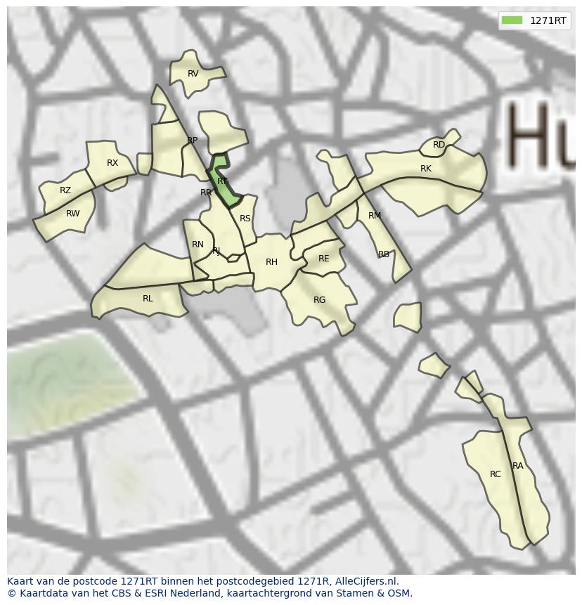 Afbeelding van het postcodegebied 1271 RT op de kaart.