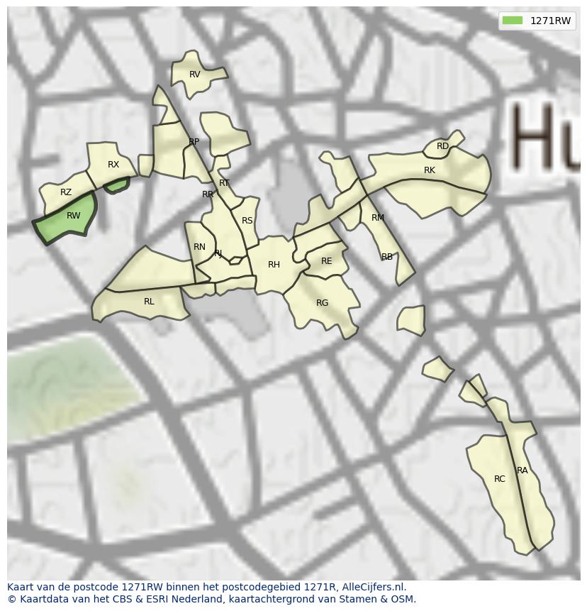 Afbeelding van het postcodegebied 1271 RW op de kaart.
