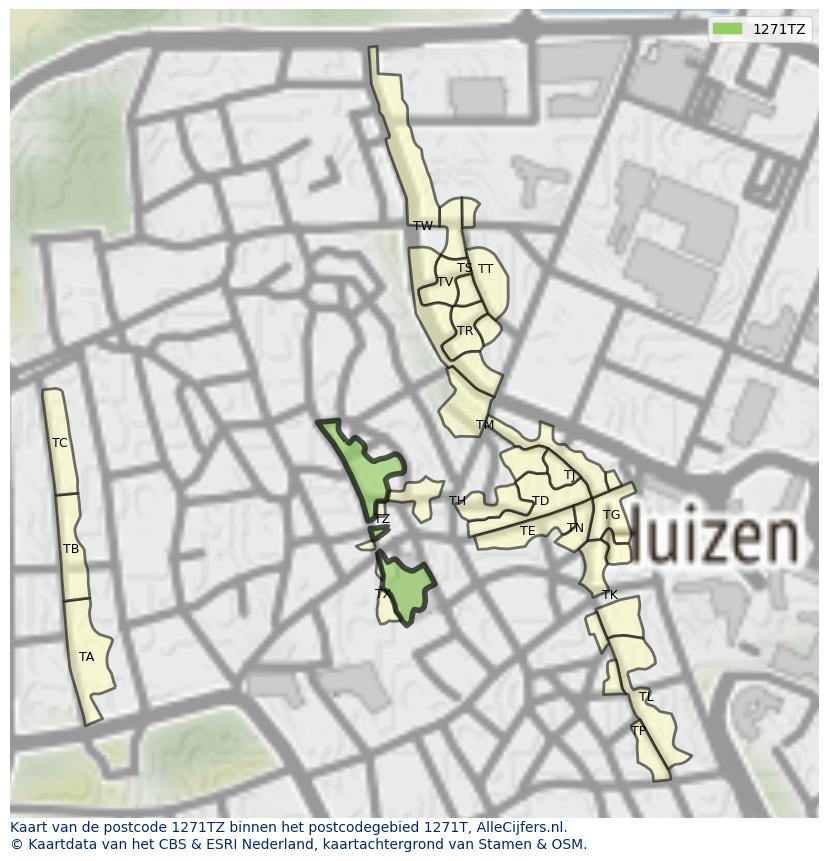 Afbeelding van het postcodegebied 1271 TZ op de kaart.