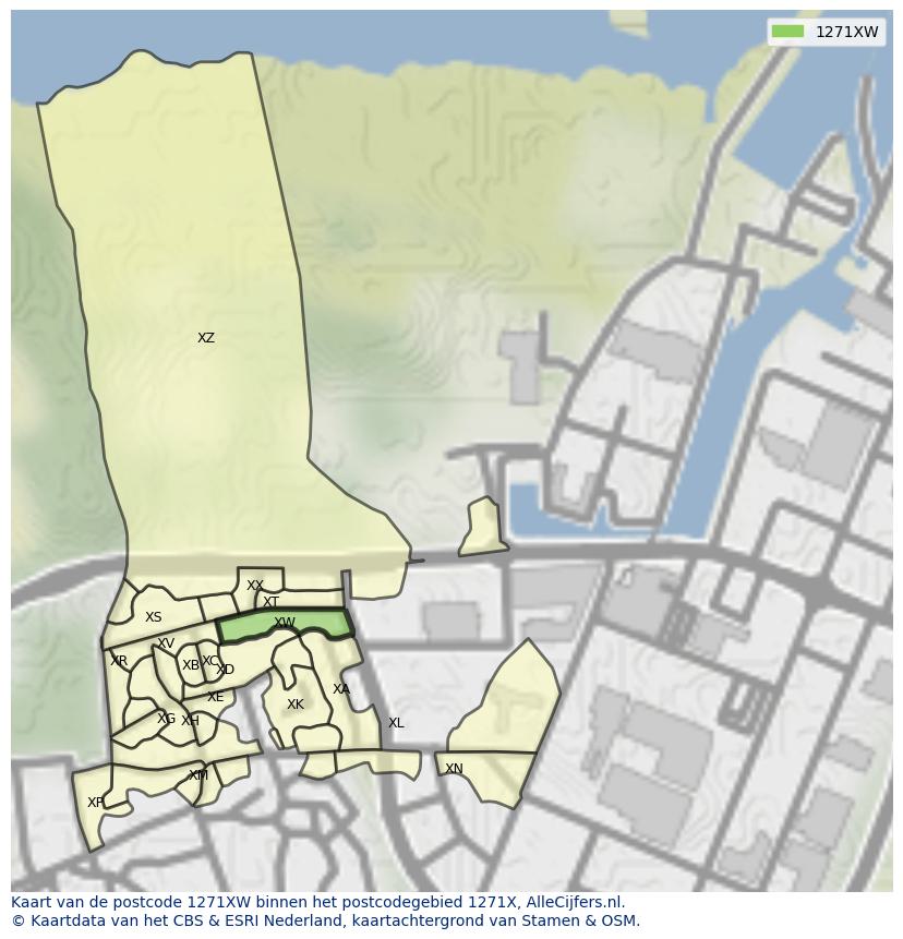 Afbeelding van het postcodegebied 1271 XW op de kaart.