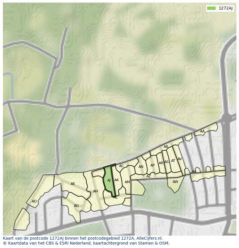 Afbeelding van het postcodegebied 1272 AJ op de kaart.