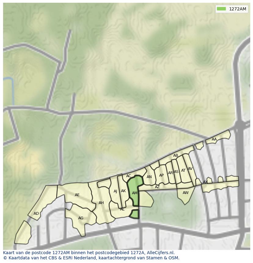 Afbeelding van het postcodegebied 1272 AM op de kaart.