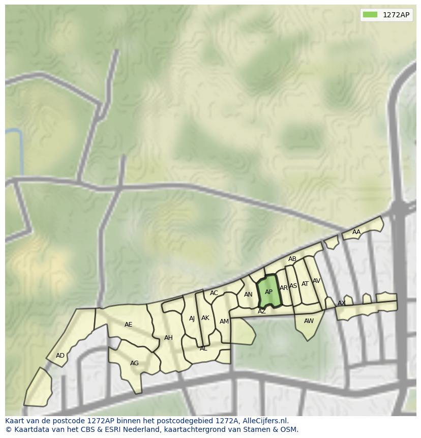 Afbeelding van het postcodegebied 1272 AP op de kaart.