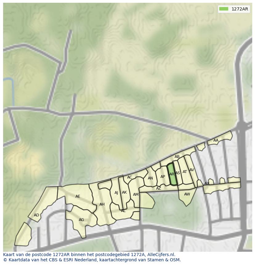Afbeelding van het postcodegebied 1272 AR op de kaart.