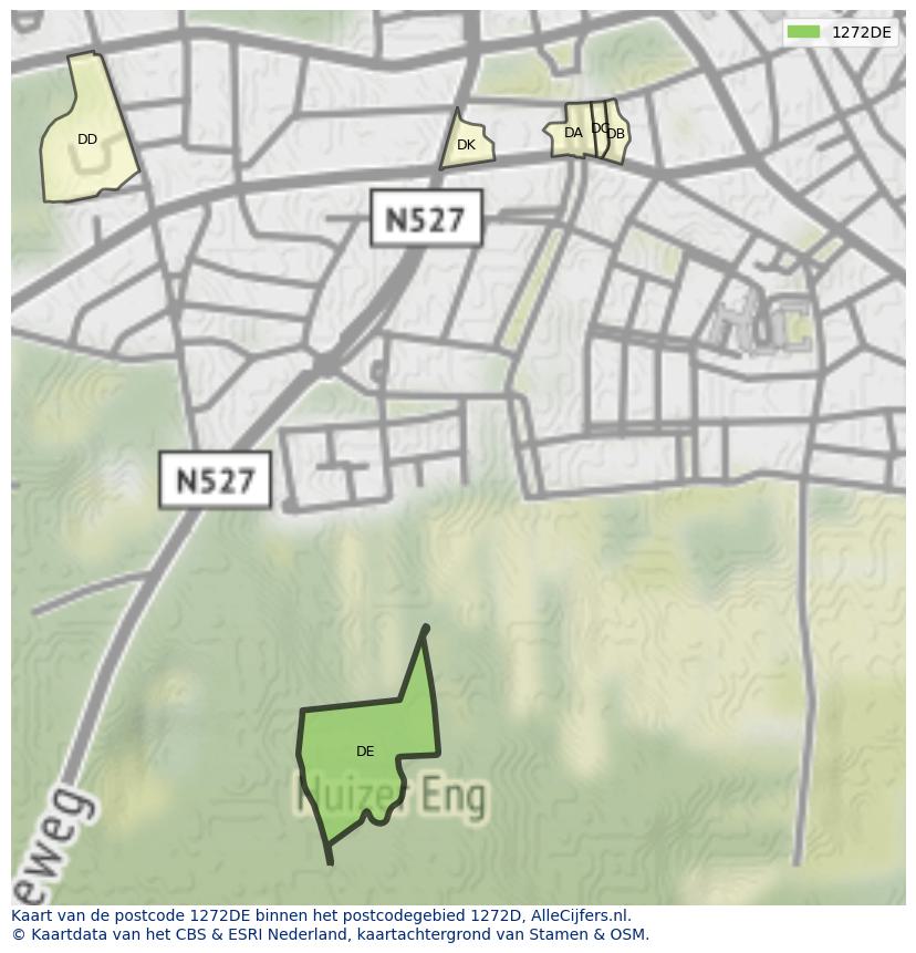 Afbeelding van het postcodegebied 1272 DE op de kaart.