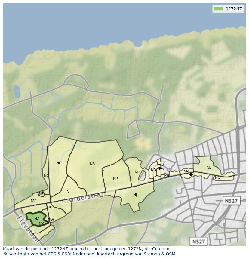 Afbeelding van het postcodegebied 1272 NZ op de kaart.
